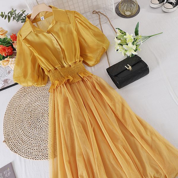 

summer casual yellow/black/white mesh patchwork long dress women elegant turn-down collar a-line ruffle maxi vestidos 2021 new, Black;gray