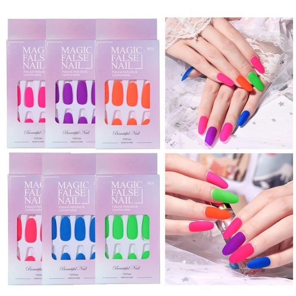 

false nails 24pcs/box nail art patch wearing finished pure color oval fluorescent green extended fake sheet coffin, Red;gold