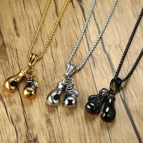 

sport fitness collares stainless steel pendant necklaces mens jewellery colar collier double boxing glove necklace men jewelry, Silver