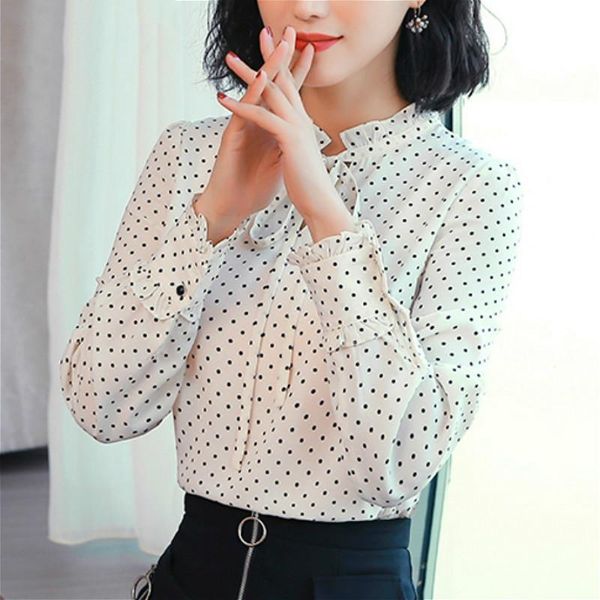 

women's blouses & shirts 2021 and bow white blouse chiffon polka dot v-neck