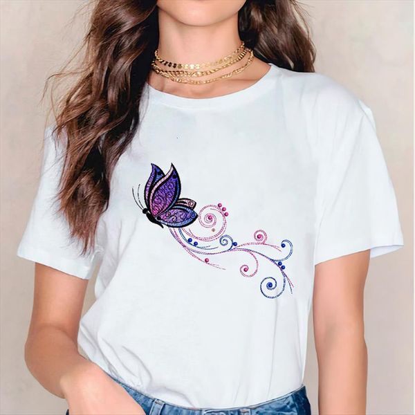 

butterfly printed summer spring clothes womens tshirts graphic tee clothing, White