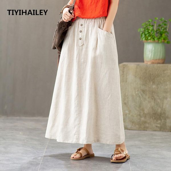 

skirts tiyihailey fashion long maxi women elastic waist spring and summer linen with pockets a-line black