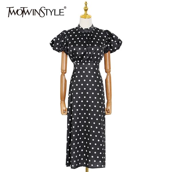 

print polka dot dress for women stand collar puff sleeve high waist elegant midi dresses female fashion clothes 210520, Black;gray