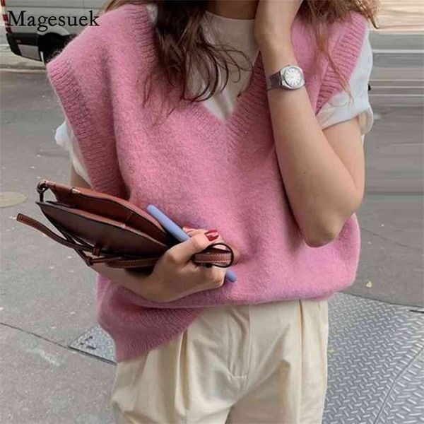 

sleeveless vintage sweater vest autumn winter pink knitted women v-neck pullover warm s oversize 12231 210512, White;black