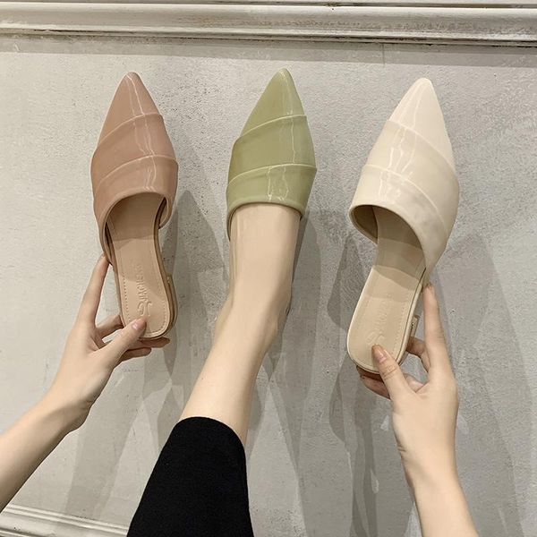 

slippers candy colors pointed toe low heel mules shoes women metal summer outdoor closed sandals, Black