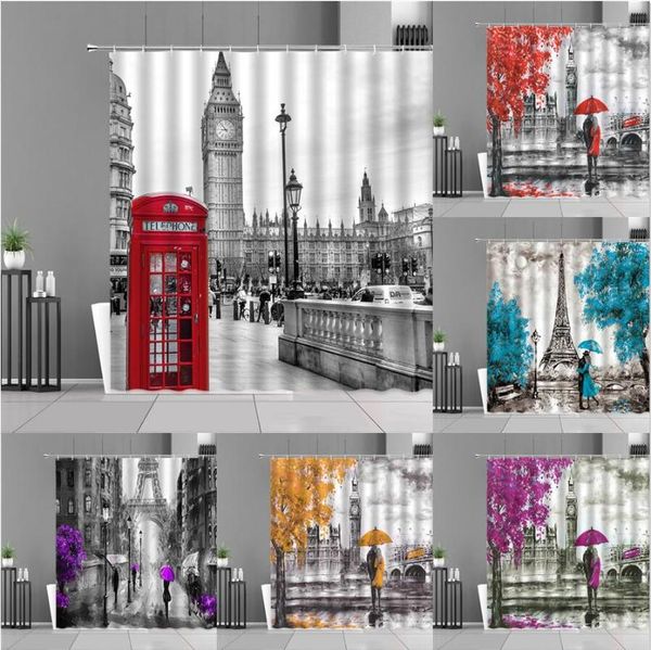

shower curtains london big ben paris tower street view architecture bath curtain couple home bathroom decor valentine's day gift
