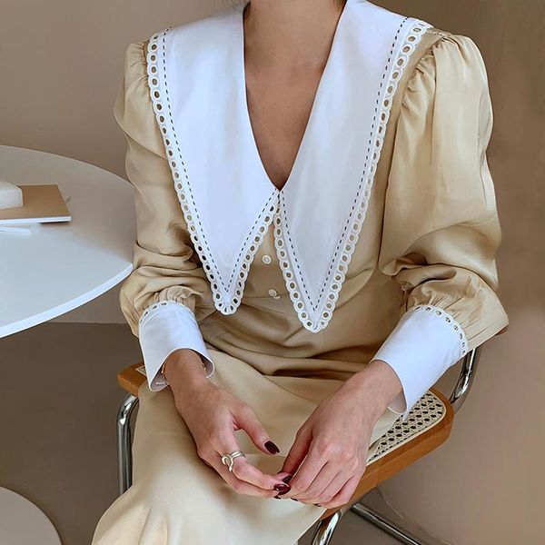 

casual dresses vanovich korean style women dress 2022 autumn cotton fashion ladies lapel stitching lace high waist clothing, Black;gray