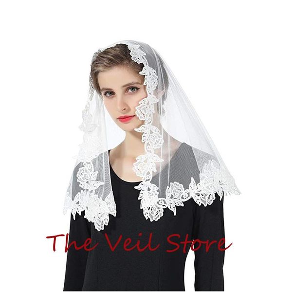 

bridal veils women small mantilla for church head covering tulle rose appliques catholic chapel with clips tradition, Black