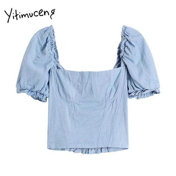 Yitimuceng Denim Bluse Frauen Falten Gerade Shirts Puff Hülse Quadrat Kragen Hellblau Sommer Koreanische Mode Tops 210601