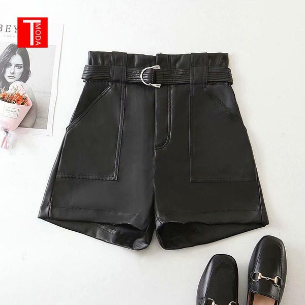 

women spring autumn fashion black pu faux leather high waist shorts with sashes solid pockets casual straight female women's, White;black