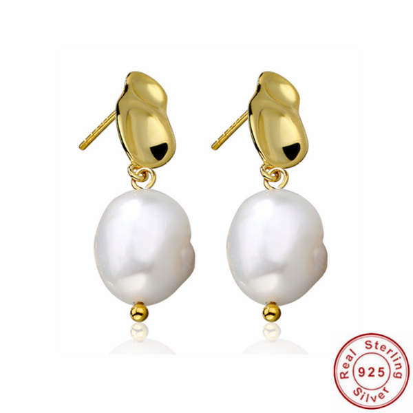 

stud earings fashion jewelry female gold color geometry connect with irregular pearl earrings silver 925, Golden;silver