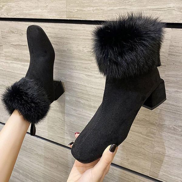 

boots 2021 women shoes winter ankle ladies fashion fur warm plush mid heels zipper woman snow non slip female footwear, Black