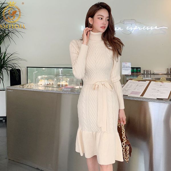 

winter korean chic style slim mermaid dresses turtleneck warm sweater lace up vestido da festa 210520, Black;gray