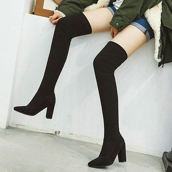 

boots high stretch women's shoes over the knee microfiber suede autumn and winter ladies thick heel slim socks, Black