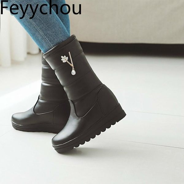 

boots women autumn winter warm plush 2021 fashion pu mid-calf motorcycle snow black pink white med heel shoes flat