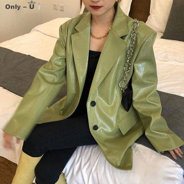 

faux leather coat for women 2021 korean loose fit lapel y2k green long sleeve clothes chic vintage female outwear jacket women's suits, White;black