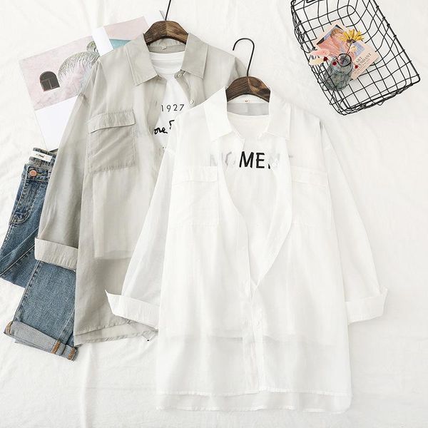 

women's blouses & shirts hsa women summer long open stitch button up sun protection shirt solid white see through roupa femininas out