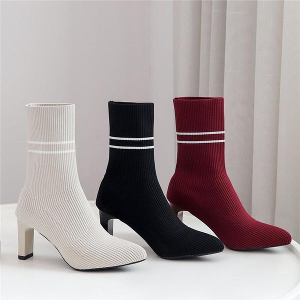 

women sock boots fetish stripper stretch ankle lady knitting winter low .5cm high heels slip on jeans red shoes, Black