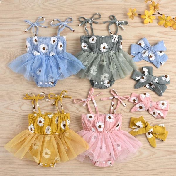 

baby girl summer dress suspender mesh skirt sunflower toddler kids clothing beach dress+headband outfits set sets, White