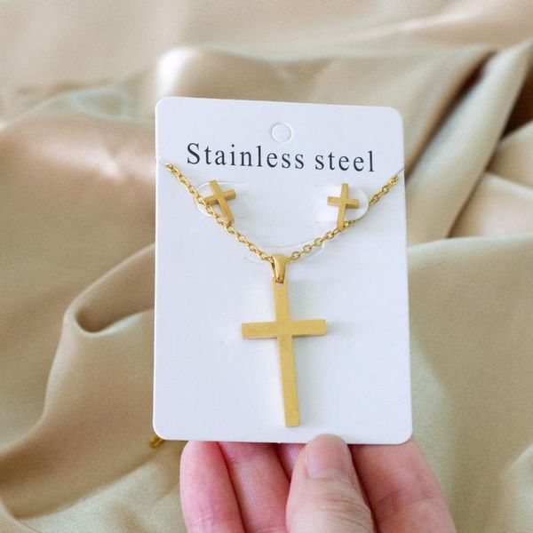 

earrings & necklace luxukisskids stainless steel cross pendant necklaces stud sets for woman gold wedding jewelry set bijoux female, Silver