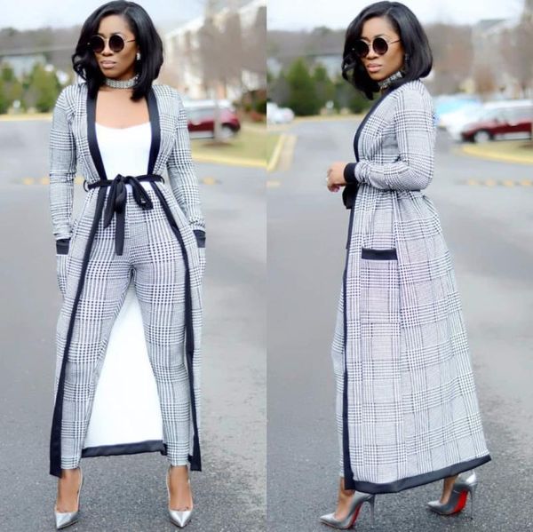 

two piece dress plaid print coat+tshirt+pant summer tracksuit full sleeve fashion women's set three pieces jumpsuit suits casual am257, White