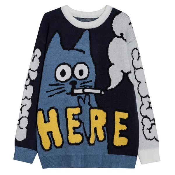 

men's sweaters cartoon cat pattern knitted sweater pullover casual graphic knit jumper japanese streetwear men clothing unisex, White;black