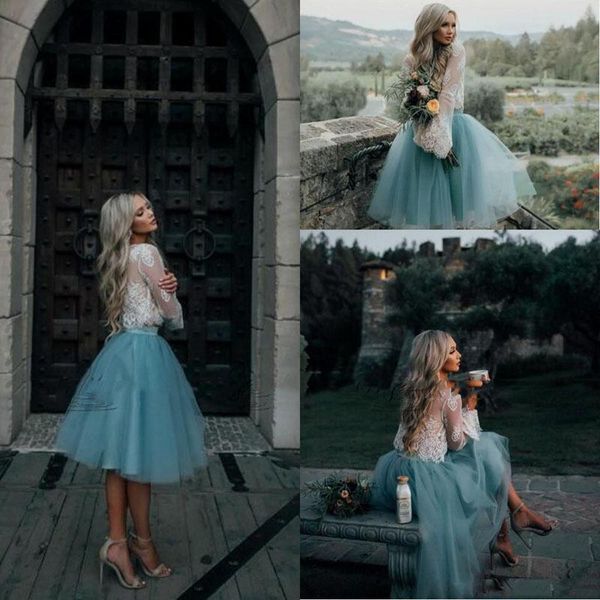 

casual dresses 2021 white and mint lace two pieces long sleeve short prom gowns illusion boho party graduation trendy evening, Black;gray