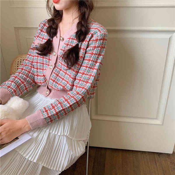 

women's jackets nomikuma vintage plaid knitted weave sweater autumn winter korean short coat v-neck elegant knitwear 6c905 i94s, Black;brown