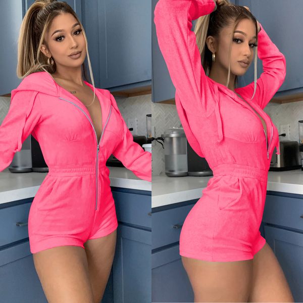 

women's deep v neck long sleeve zipper hooded playsuit one-piece suit for holiday party travelling sports jumpsuits, Black;white