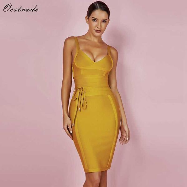 

ocstrade bandage dress for women 2021 summer bodycon dress ginger tie waist sleeveless black party dresses club outfits y0603, Black;gray