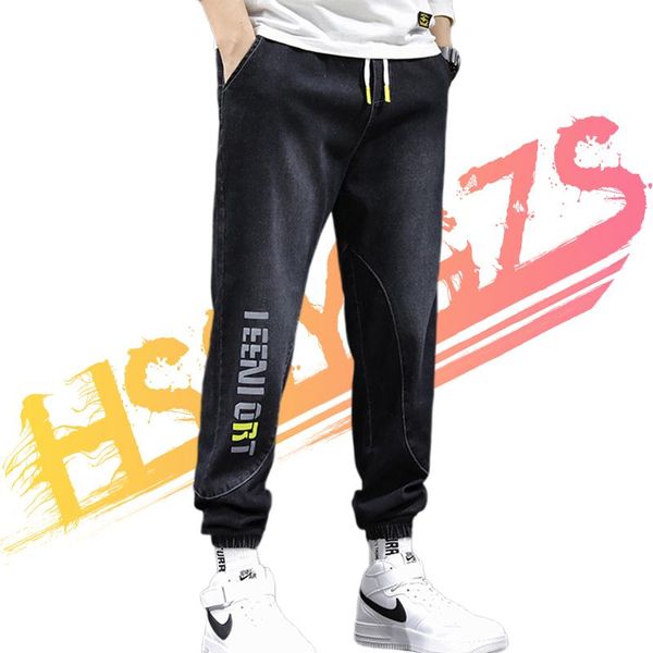 

men's jeans black patchwork men clothing elastic waist skinny stretch letter printed slim fit pants mens denim kpop, Blue