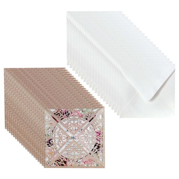 Cartões de felicitações 20pcs Glitter Hollow Wedding Invitations Card Envelopes Conjunto