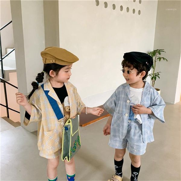 

boys and girls loose thin plaid clothes set short sleeve shirts shorts 2pcs suits children casual outfits clothing sets, White