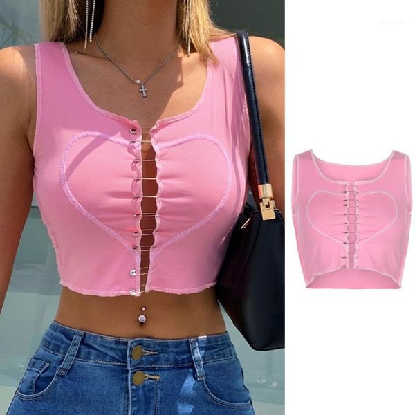 

women's tanks & camis gothic punk women pink heart sleeveless tank hollow out pins front slim vest summer contrast stitch shirts 50, White