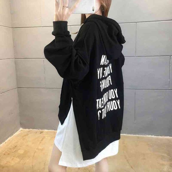 

hoodies stitching contrast loose fake two piece medium length women 2021 women's autumn winter letter hooded thin sweater fashion, Black