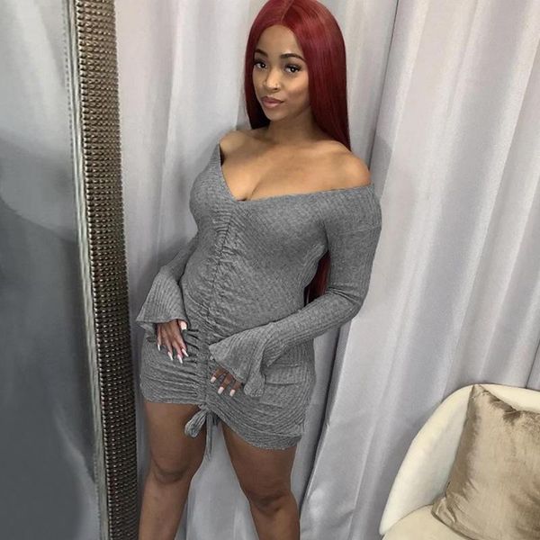 

women ribbed bodycon dresses winter 2021 fashion flare sleeve mini dress off shoulder party clubwear vestidos outfit casual, Black;gray
