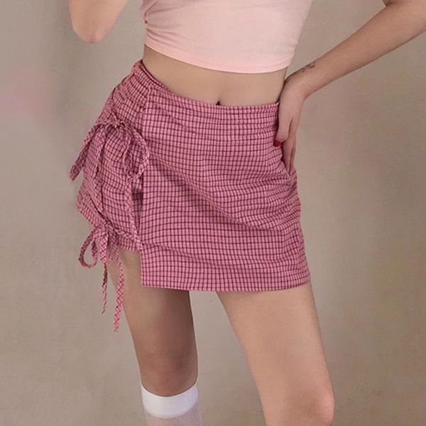 

pink plaid print summer mini skirts bow lace up high waist gothic vintage harajuku pencil skirt korean streetwear 2021 w919, Black