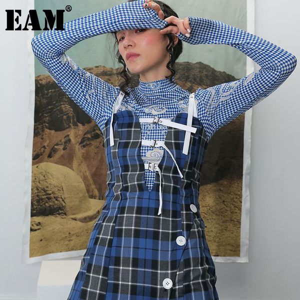 

[eam] women blue plaid bandage long spaghetti strap dress sleeveless loose fit fashion tide spring summer 2021 wf22505 casual dresses, Black;gray