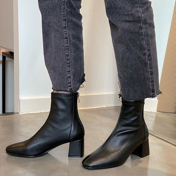 

boots basic solid stretch women short thick high heels back zipper autumn winter keep warm fashion noble ankle, Black