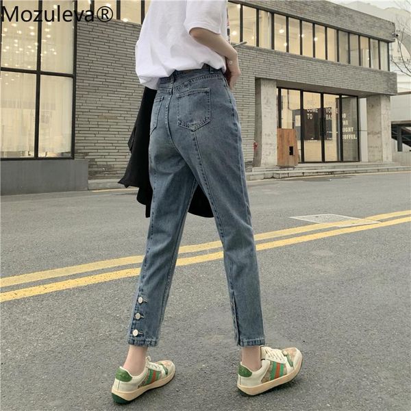 

women's jeans mozuleva 2021 spring summer denim trousers casual high waist buttons women streetwear straight pants female femme, Blue