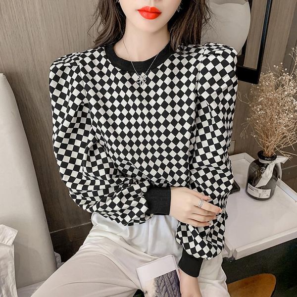 

women's hoodies & sweatshirts patchwork plaid pullovers women 2021 fall o-neck chic puff sleeve short sweatshirt fashion houndstooth st, Black