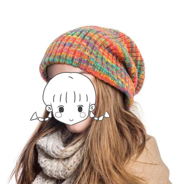 

berets casual knitted hat warm colorful stripe women, Blue;gray