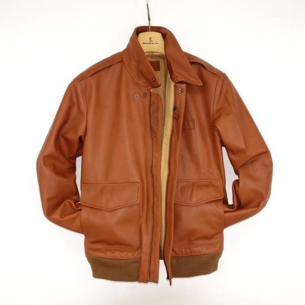 

men's leather & faux brown a2 genuine jacket italy cow skin slim flight mens coat, Black