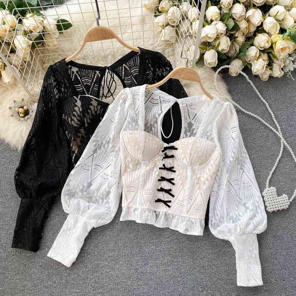 

summer shirt and blouse womens hollow halter lace-up elegant shirt vintage slim short puff sleeve women 210420, White