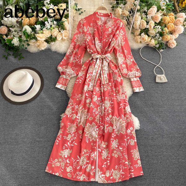 Herbst/Winter Frauen Stehen Kragen Laterne Ärmel Bund Einreiher Retro Gedruckt Blumen Rot Langes Kleid Damen Kleid 210715