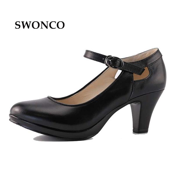 

women's pumps genuine leather high-heeled ladies ol shoes women high heel platform thick straps woman shoe dress, Black