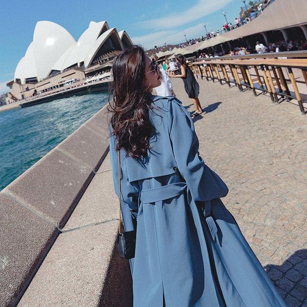 

women's trench coats coat women spring autumn studend korean long windbreaker with belt large size loose over the knee blue y567, Tan;black