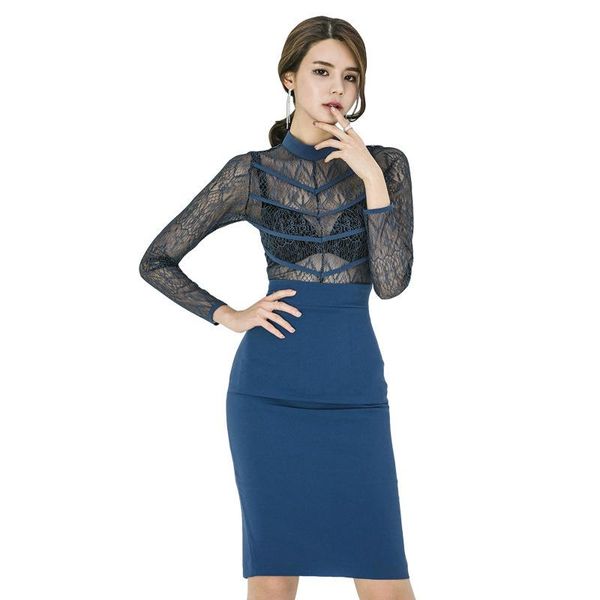 

casual dresses plus size lace patchwork summer dress 2021 long sleeve hollow out see through women blue bodycon club ladies, Black;gray