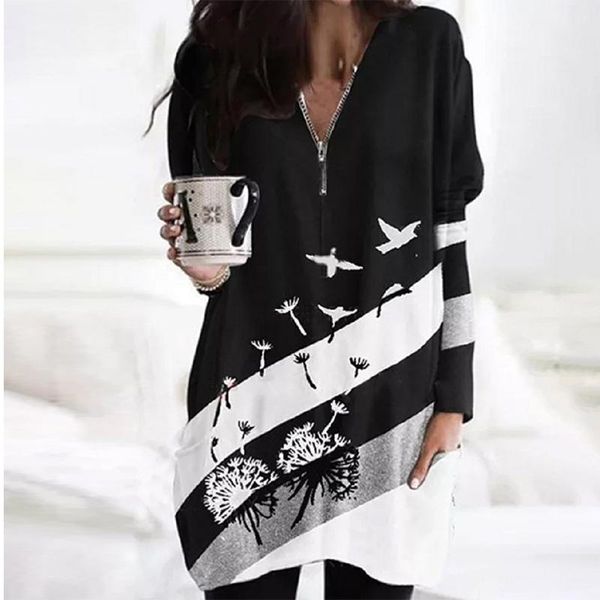 

women's blouses & shirts womens elegant zippers v-neck 2021 autumn casual long sleeve pullover female fashion printed pockets design, White