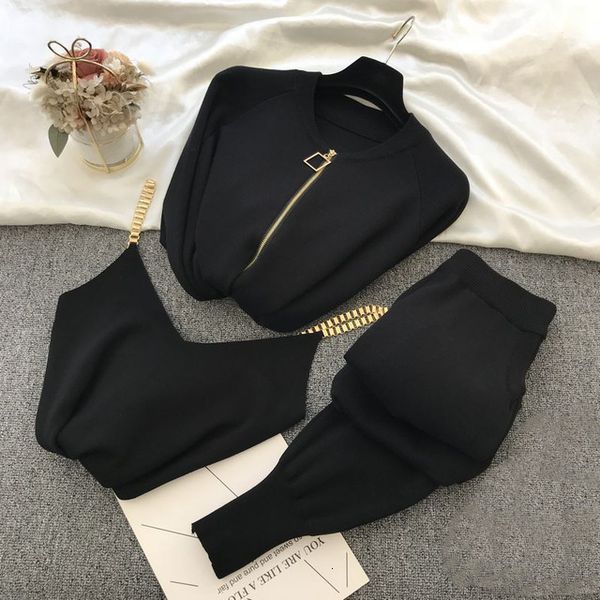 

women's two piece pants autumn winter sweatsuits sweet chain vest knitwear + elastic three- set women three outfits brup, White